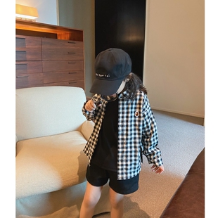 YUSONG◆2024春秋新款男童女儿童装休闲日系洋气黑白色格子衬衫潮