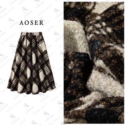 AOSER复古港风高腰千鸟格中长款A型厚款半身裙女装韩版3101