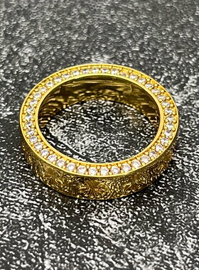 克罗泰银复古做旧！金色永恒带锆戒指 个性百搭款