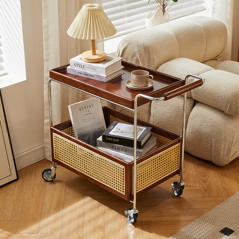 实木沙发边几中古风小推车客厅可移动茶几置物架沙发侧边柜小餐车