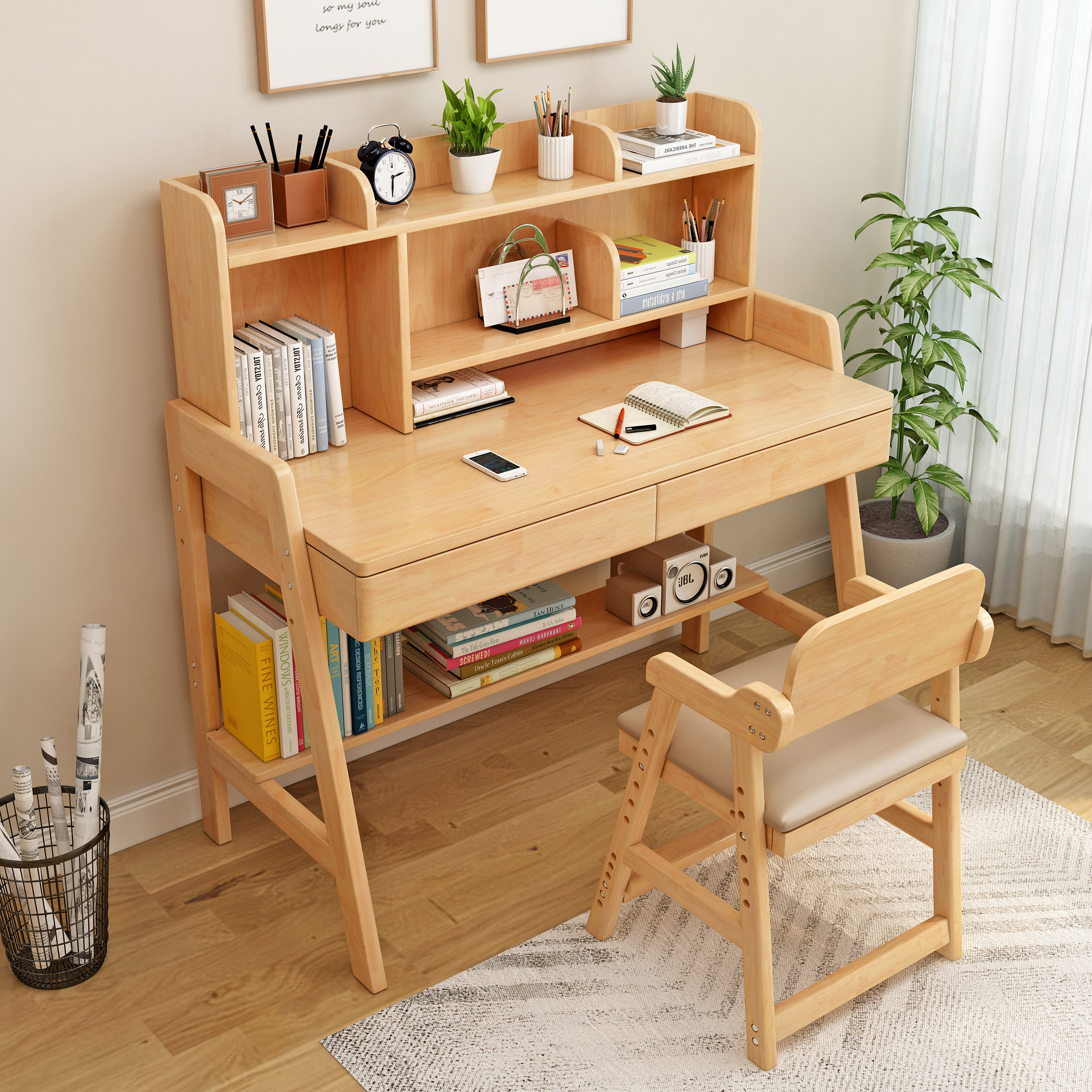 实木儿童书桌书架一体桌子学生书桌椅可升降学习桌椅家用电脑桌