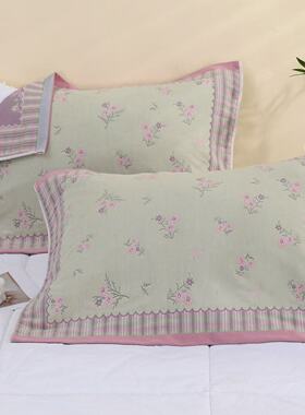 新款细纱纱布枕巾简约柔软防脱落枕头盖巾可爱家用绿色碎花枕巾