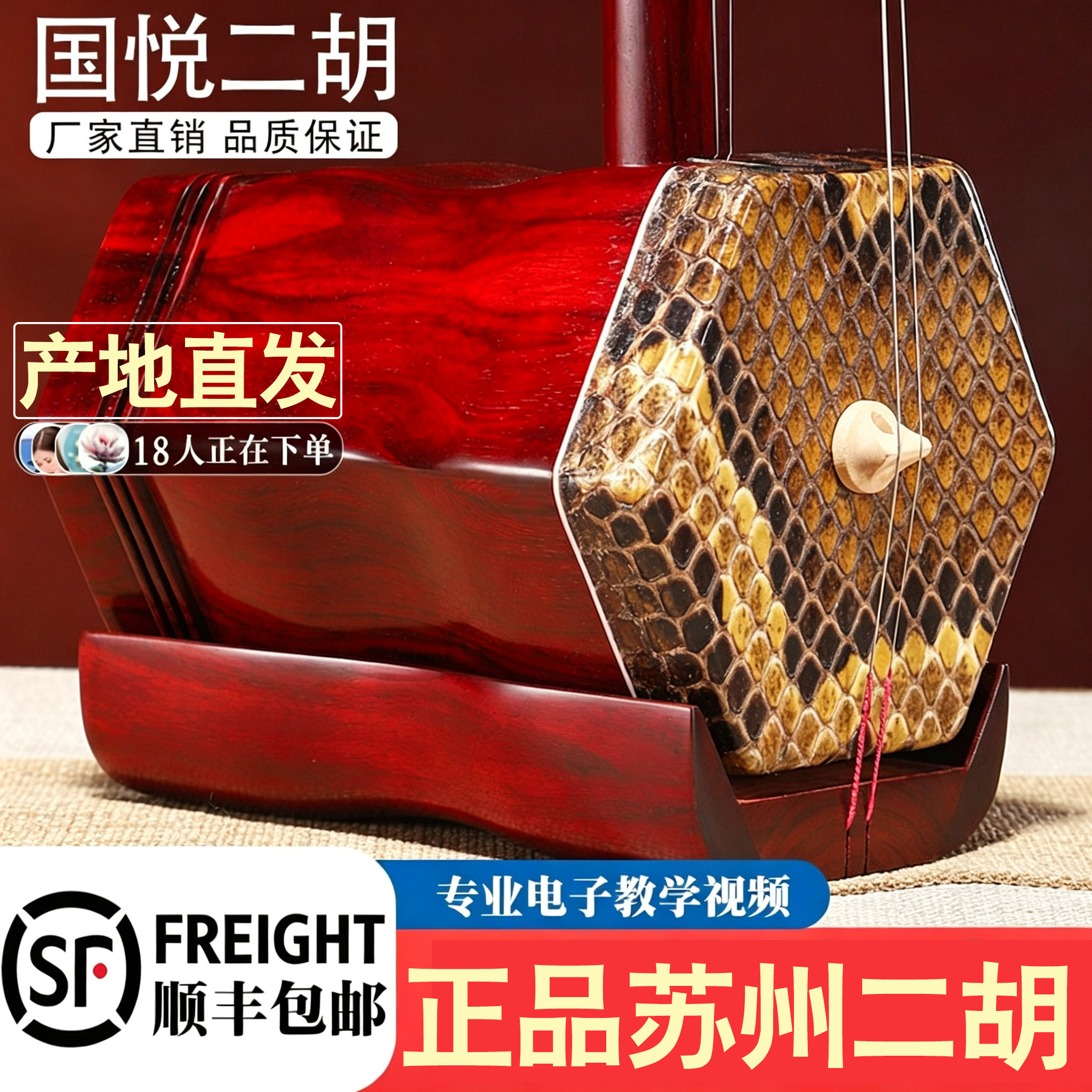 国悦苏州二胡乐器红木黑檀初学者专业演奏级厂家直销胡琴