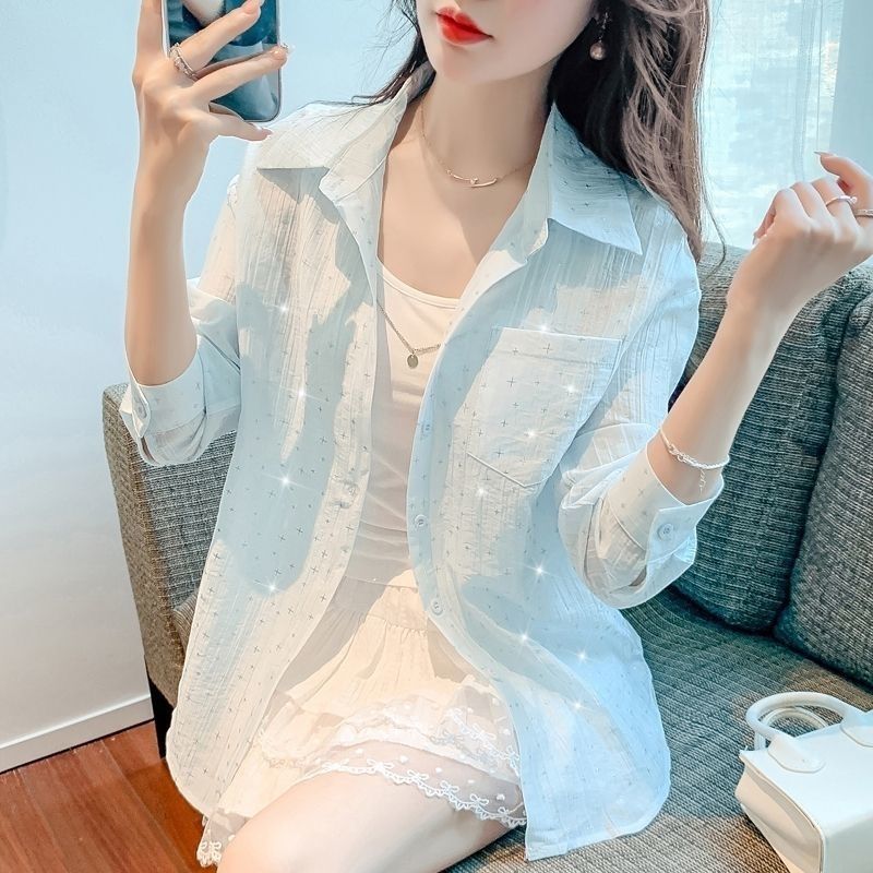 满天星长袖防晒衬衫女翻领春夏薄外搭空调衬衣设计感重工烫钻外套