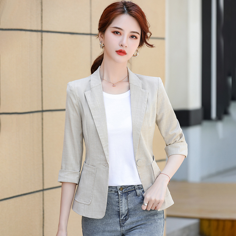 小西装外套女夏季薄款夏天2023新款短款小个子七分袖亚麻西服夏款