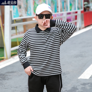 胖童装男童长袖T恤春秋薄款加肥加大中大童儿童翻领条纹衫潮男孩