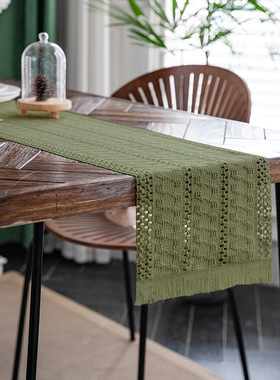 现货批发美式长条流苏桌旗绿色纯色编织茶旗电视柜餐桌婚礼装饰