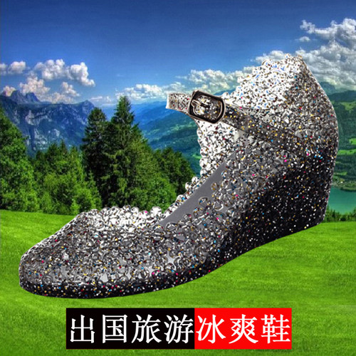 新款跳舞水晶洞女式软底坡跟凉鞋