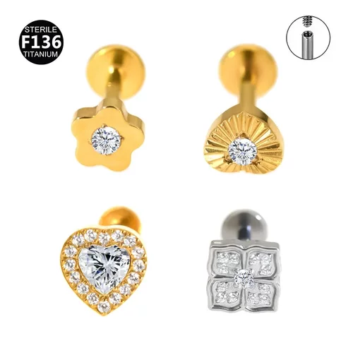 F136 钛合金耳骨钉花朵桃心镶钻金银两色唇钉耳骨钉耳屏钉饰品