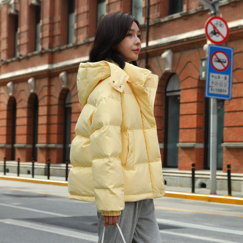 韩版鹅黄色加厚羽绒服女短款连帽
