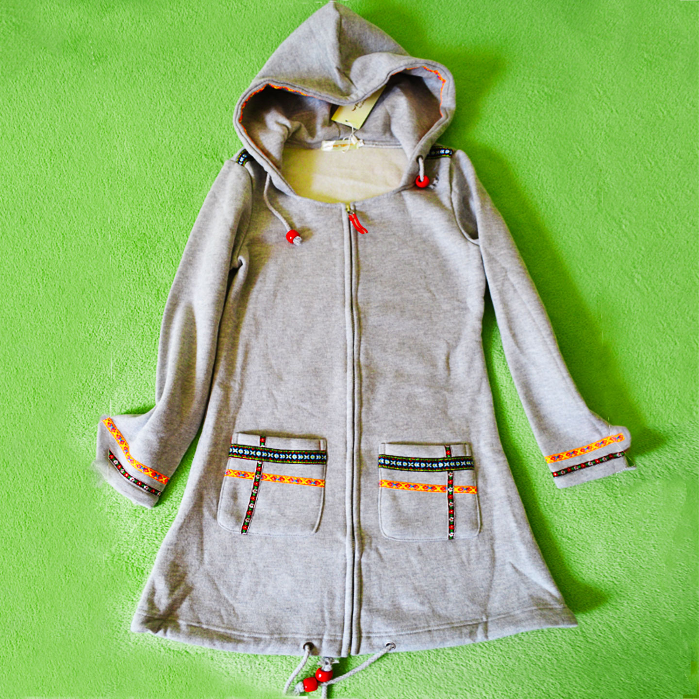 包邮 棉质加绒柔软毛圈长款连帽开衫灰色民族风口袋休闲拉链卫衣M