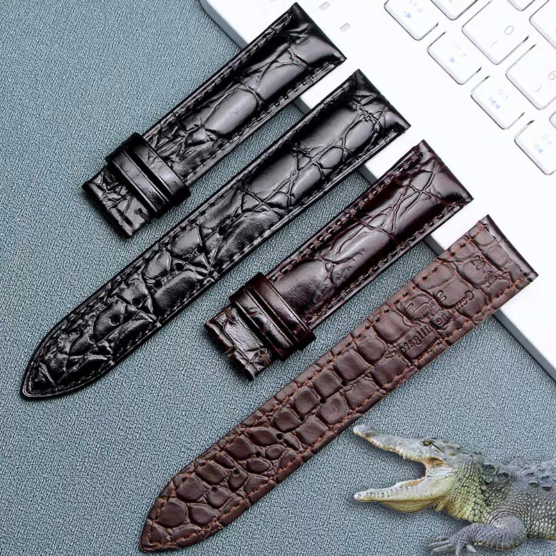 适配天梭美度浪琴鳄鱼皮纹通用平口表带真皮男女手表蝴蝶扣表带