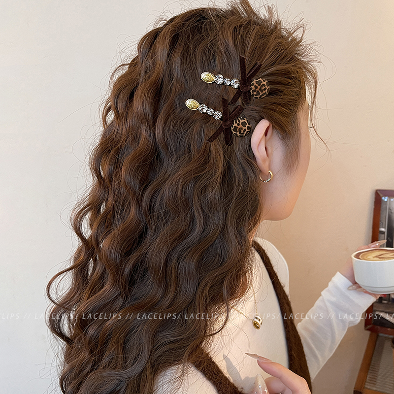 豹纹圆球蝴蝶结闪钻发夹女