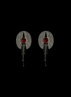 古着vintage复古Ancient silver round ruby tassel earrings耳饰