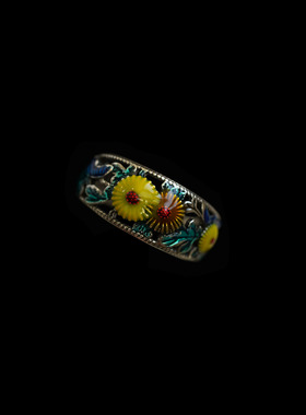 Vintage古着Yellow chrysanthemum enamel cuffs复古戒指