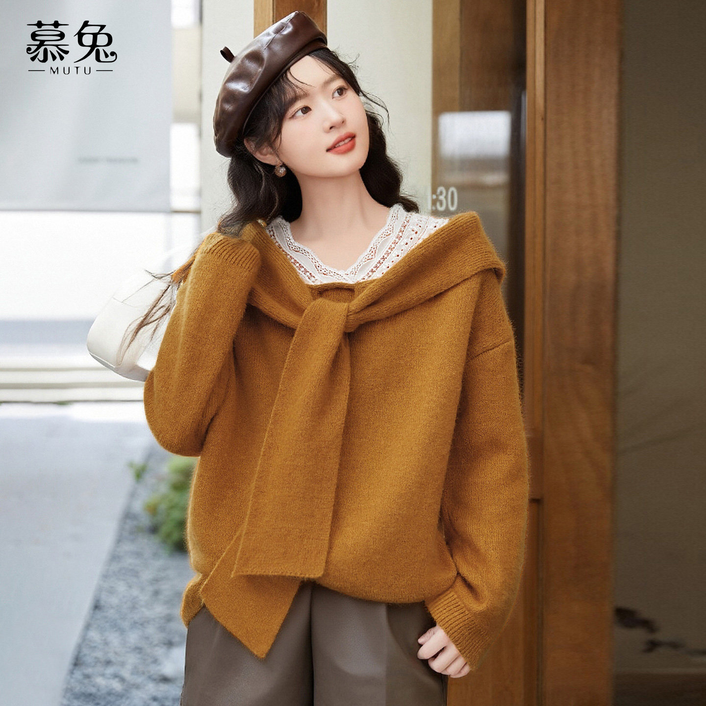 慕兔慵懒风蕾丝拼接绑带毛衣女2025冬季新款小个子宽松针织衫上衣