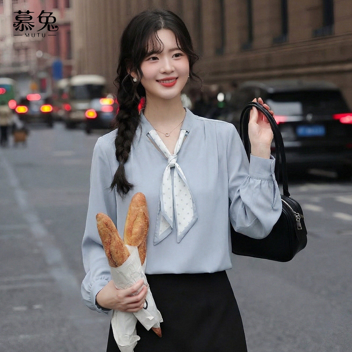 慕兔法式气质配丝巾蓝色衬衫女2026春新款高级感宽松正肩长袖上衣,女装/女士精品,衬衫,淘宝优惠券,粉丝福利购,淘宝优惠卷