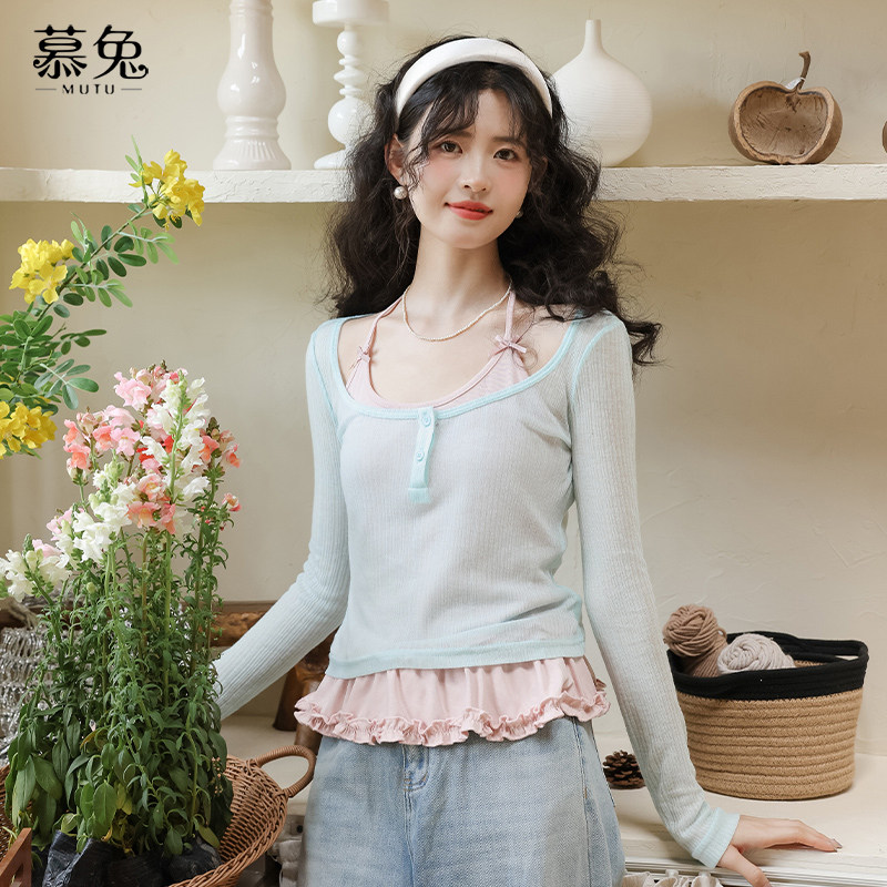 慕兔甜辣挂脖蝴蝶结吊带背心女2025夏季新款防晒长袖t恤两件套薄,女装/女士精品,T恤,淘宝优惠券,粉丝福利购,淘宝优惠卷