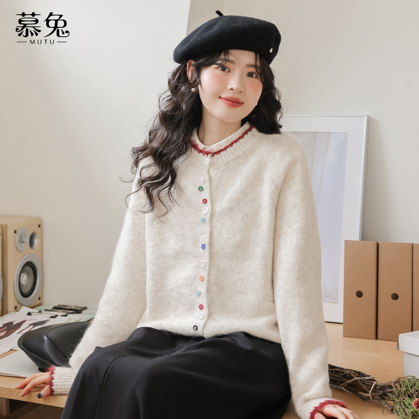 慕兔甜美撞色长袖针织开衫女2026春季新款小个子宽松软糯圆领上衣,女装/女士精品,毛针织衫,淘宝优惠券,粉丝福利购,淘宝优惠卷