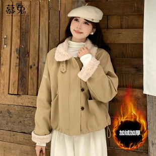 慕兔复古翻领拼接派克服外套女2025冬新款 小个子加绒加厚夹克上衣