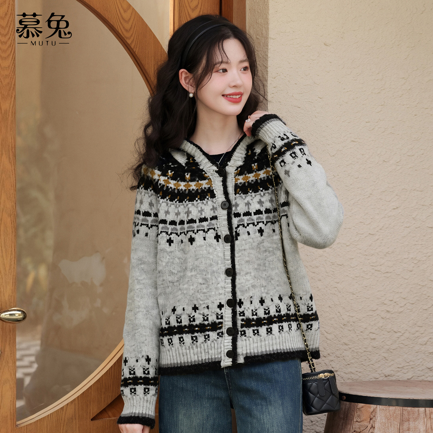 慕兔复古费尔岛连帽毛衣外套