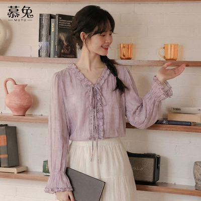 慕兔法式花边v领长袖衬衫