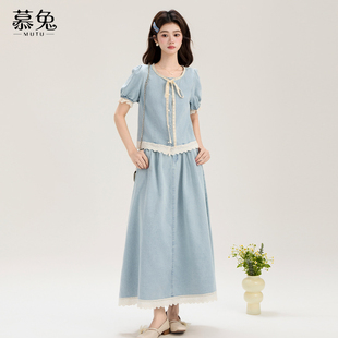 衬衫 慕兔复古牛仔套装 短袖 新款 高腰a字半身裙两件套 裙女2025夏季