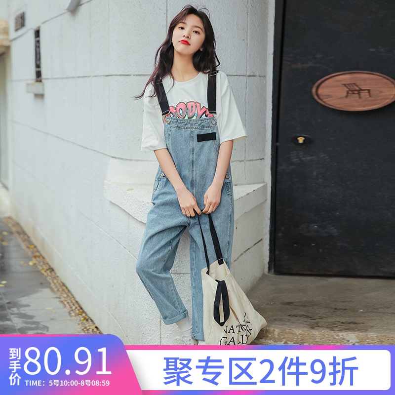章若楠ins网红减龄牛仔背带裤长裤89.00元包邮