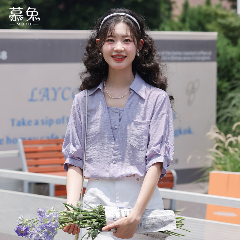 慕兔复古港风百搭洋气v领衬衫女2025夏季新款设计感小众显瘦小衫