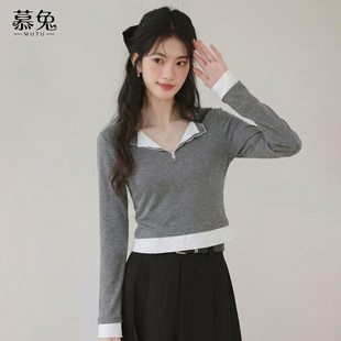 慕兔韩系灰色拼接假两件t恤女2026春季新款设计感小众收腰短上衣