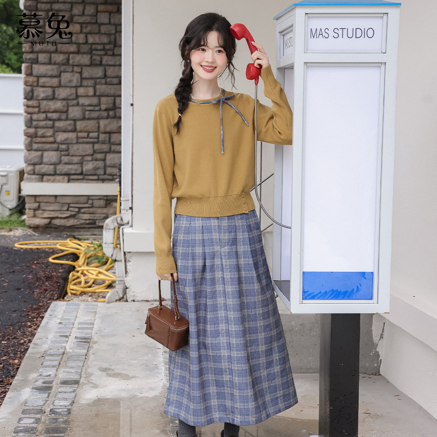 慕兔蝴蝶结系带针织衫格子百褶裙两件套女2025秋新款复古气质套装,女装/女士精品,时尚套装,淘宝优惠券,粉丝福利购,淘宝优惠卷