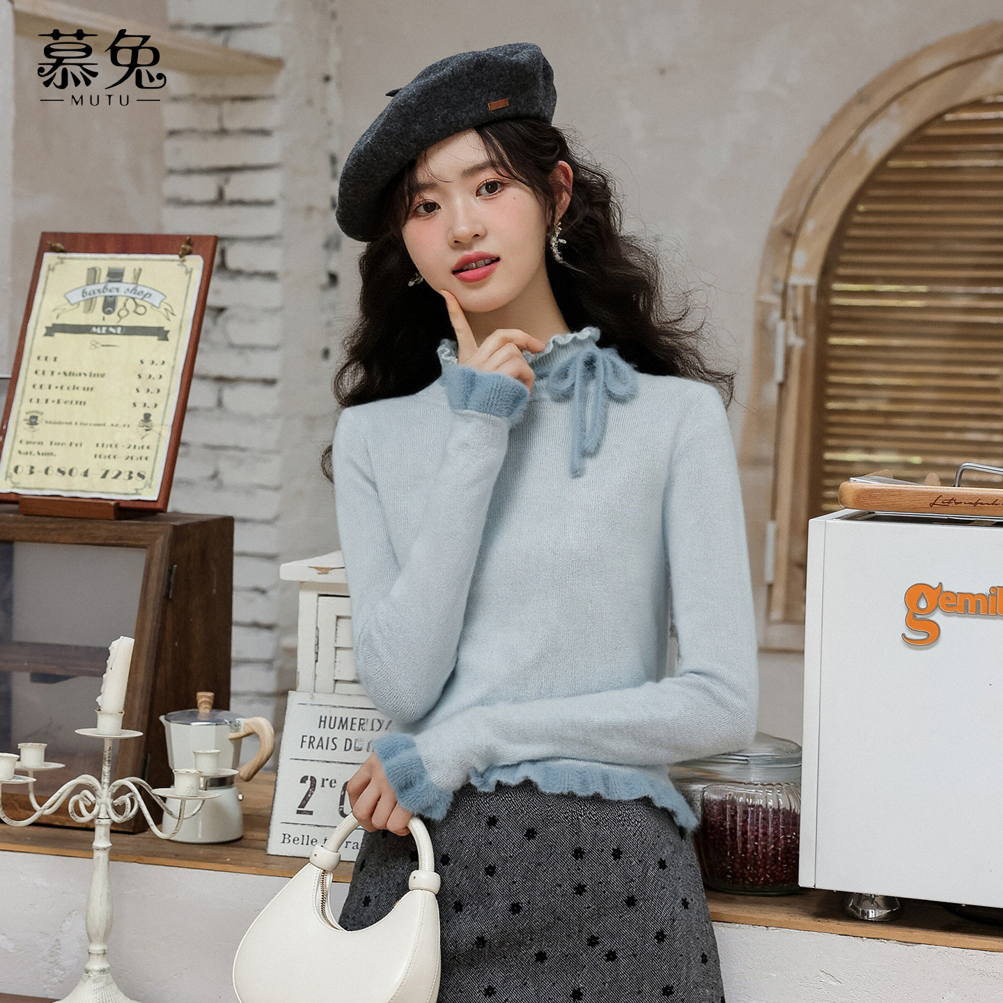 慕兔法式甜美半高领长袖毛衣