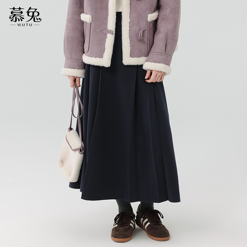 慕兔复古高腰中长款a字半身裙