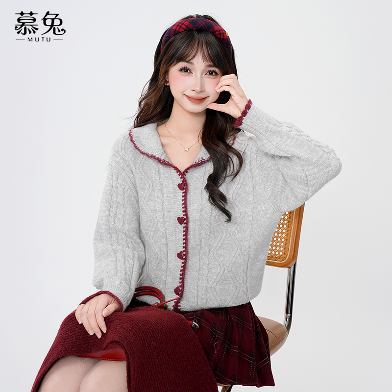 慕兔撞色针织毛衣开衫