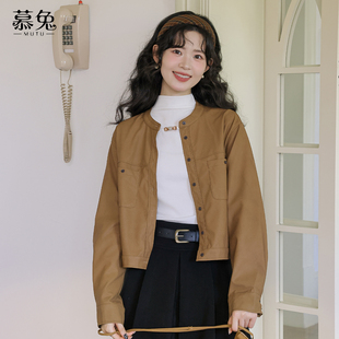 慕兔复古港风PU皮衣夹克外套女2025秋新款 上衣 美拉德圆领宽松长袖