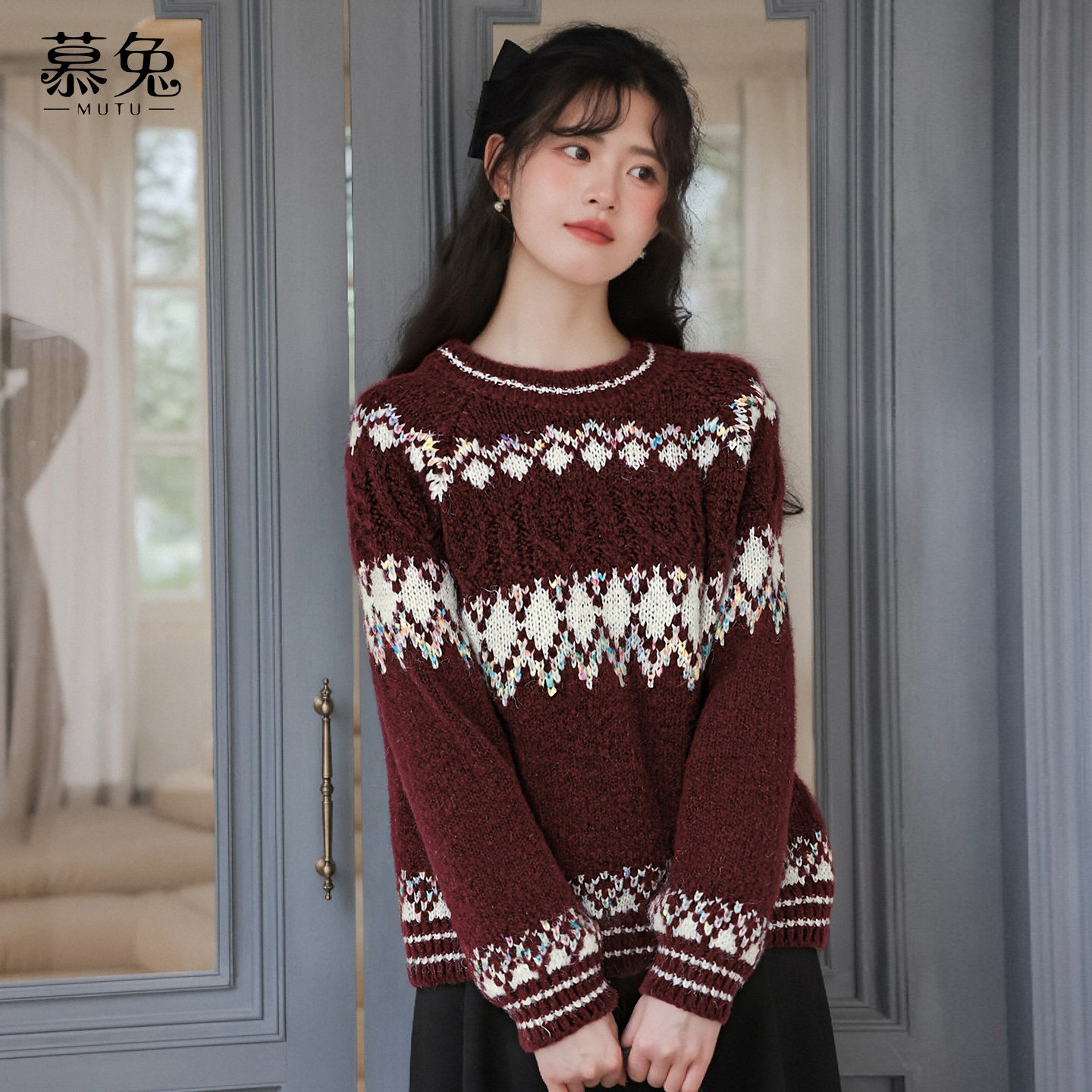 慕兔复古红色费尔岛圆领毛衣女2025冬季新款宽松显瘦长袖针织上衣,女装/女士精品,毛衣,淘宝优惠券,粉丝福利购,淘宝优惠卷