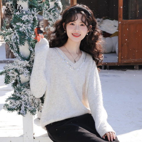 慕兔法式气质亮片v领毛衣