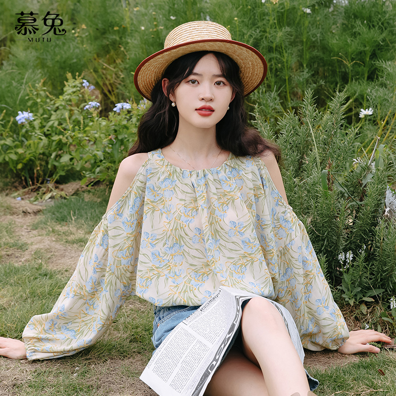 慕兔法式露肩挂脖长袖上衣女2025夏季新款设计感小众碎花雪纺衬衫