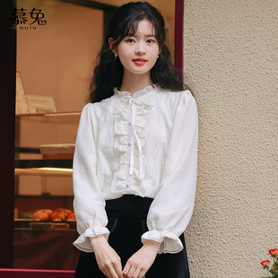 女秋2025新款 衬衫 设计感小众木耳边系带上衣 复古蕾丝长袖 慕兔法式