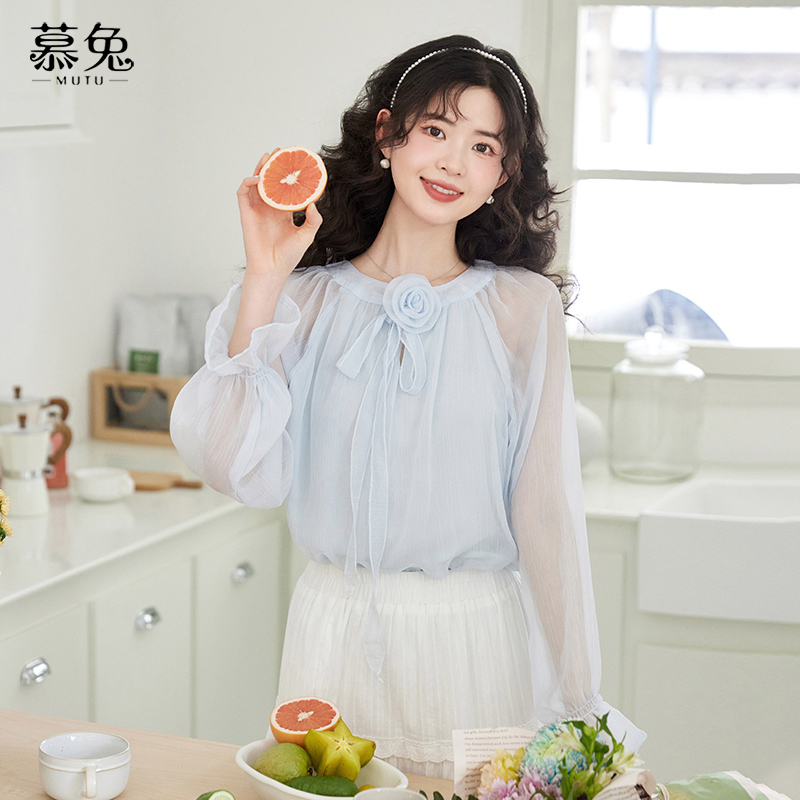 慕兔法式立体花朵雪纺衬衫