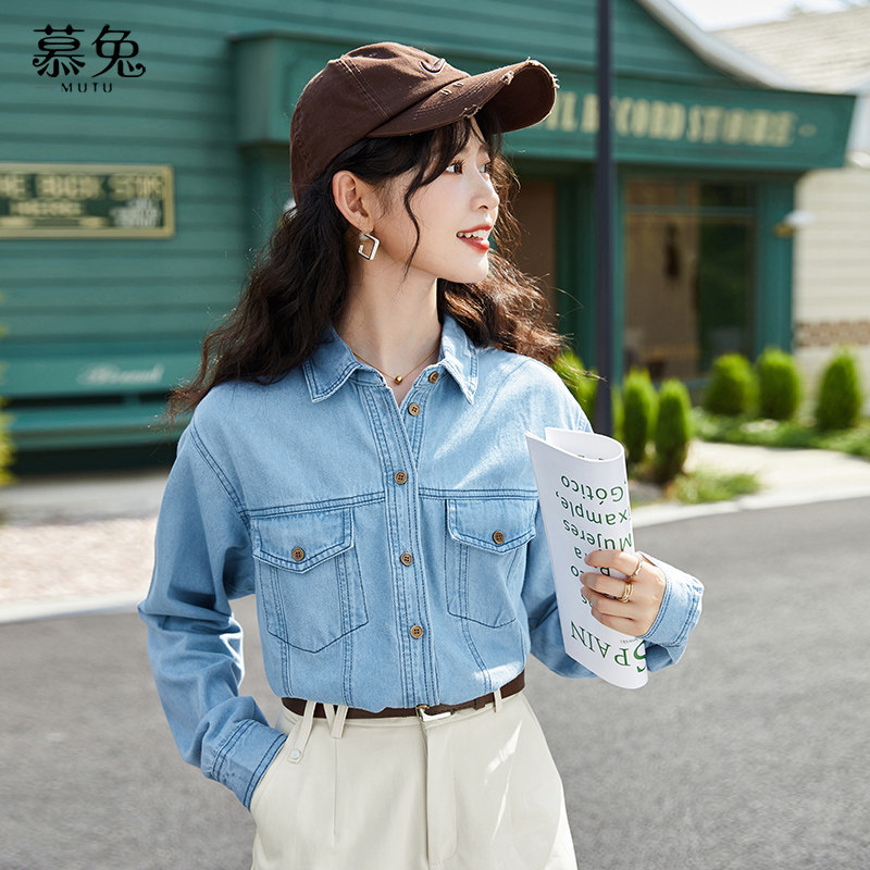 慕兔小个子复古长袖牛仔衬衫