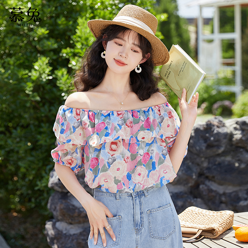 慕兔法式碎花短袖衬衫