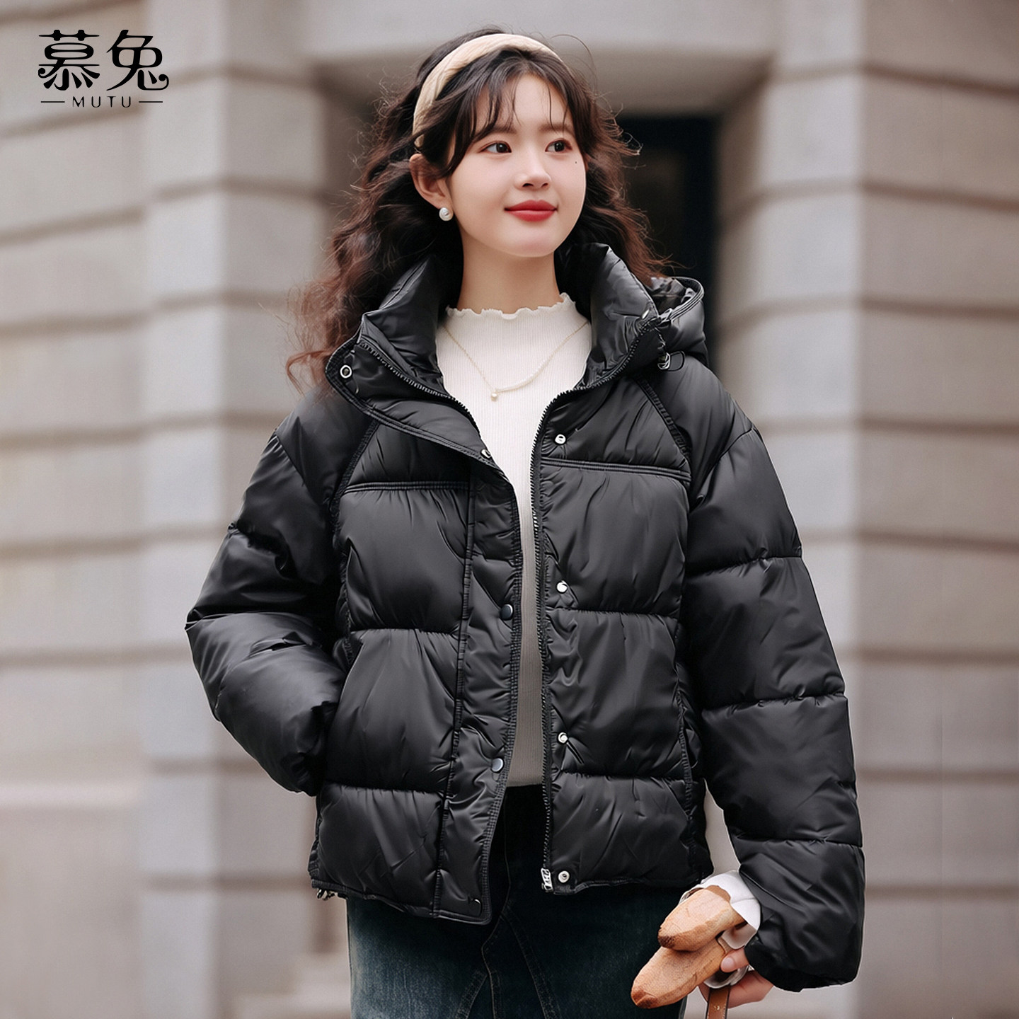 慕兔小个子黑色连帽棉衣外套