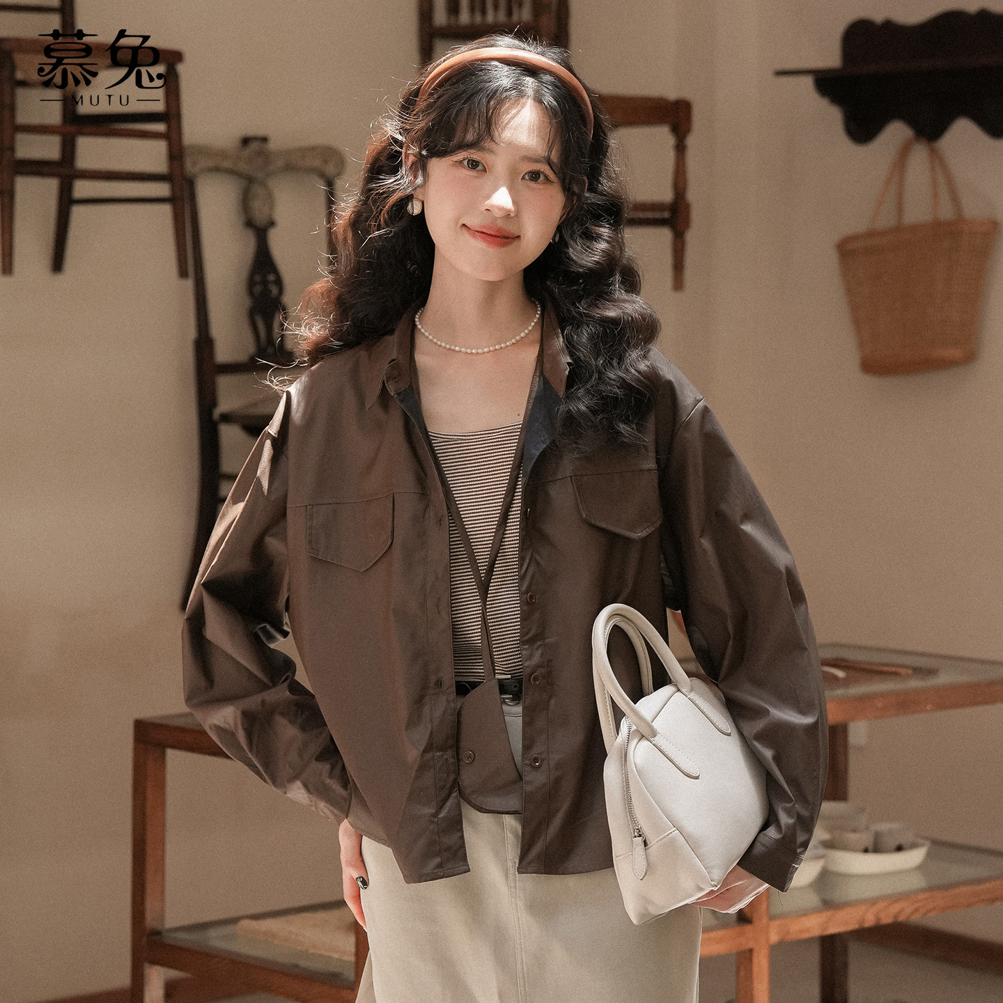 慕兔条纹背心吊带PU皮衣外套两件套女2026春季新款复古风上衣套装,女装/女士精品,短外套,淘宝优惠券,粉丝福利购,淘宝优惠卷