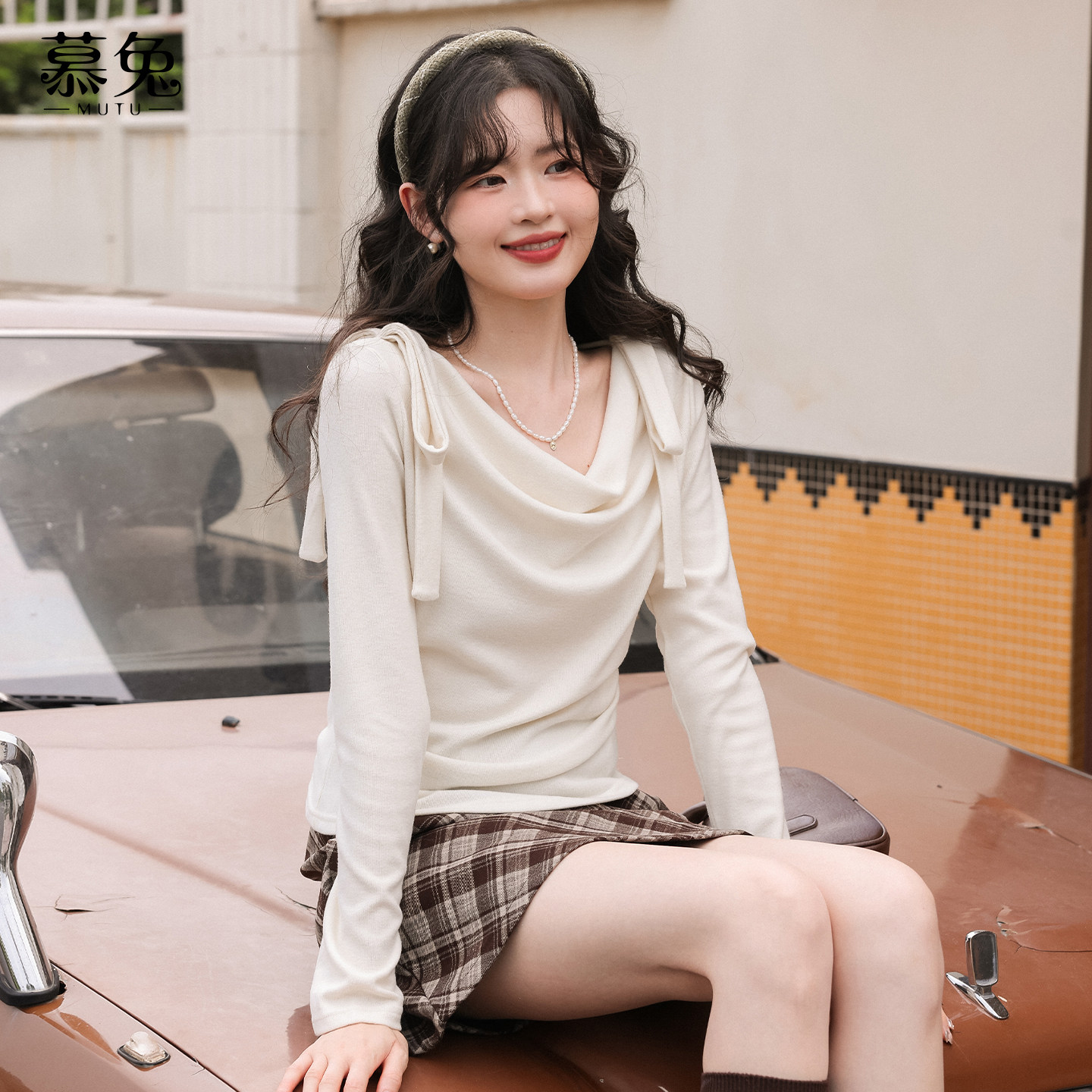 慕兔法式气质蝴蝶结荡领长袖t恤女2026春季新款别致收腰显瘦上衣,女装/女士精品,T恤,淘宝优惠券,粉丝福利购,淘宝优惠卷