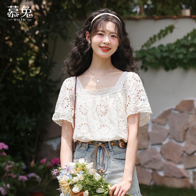 慕兔法式气质方领短袖衬衫