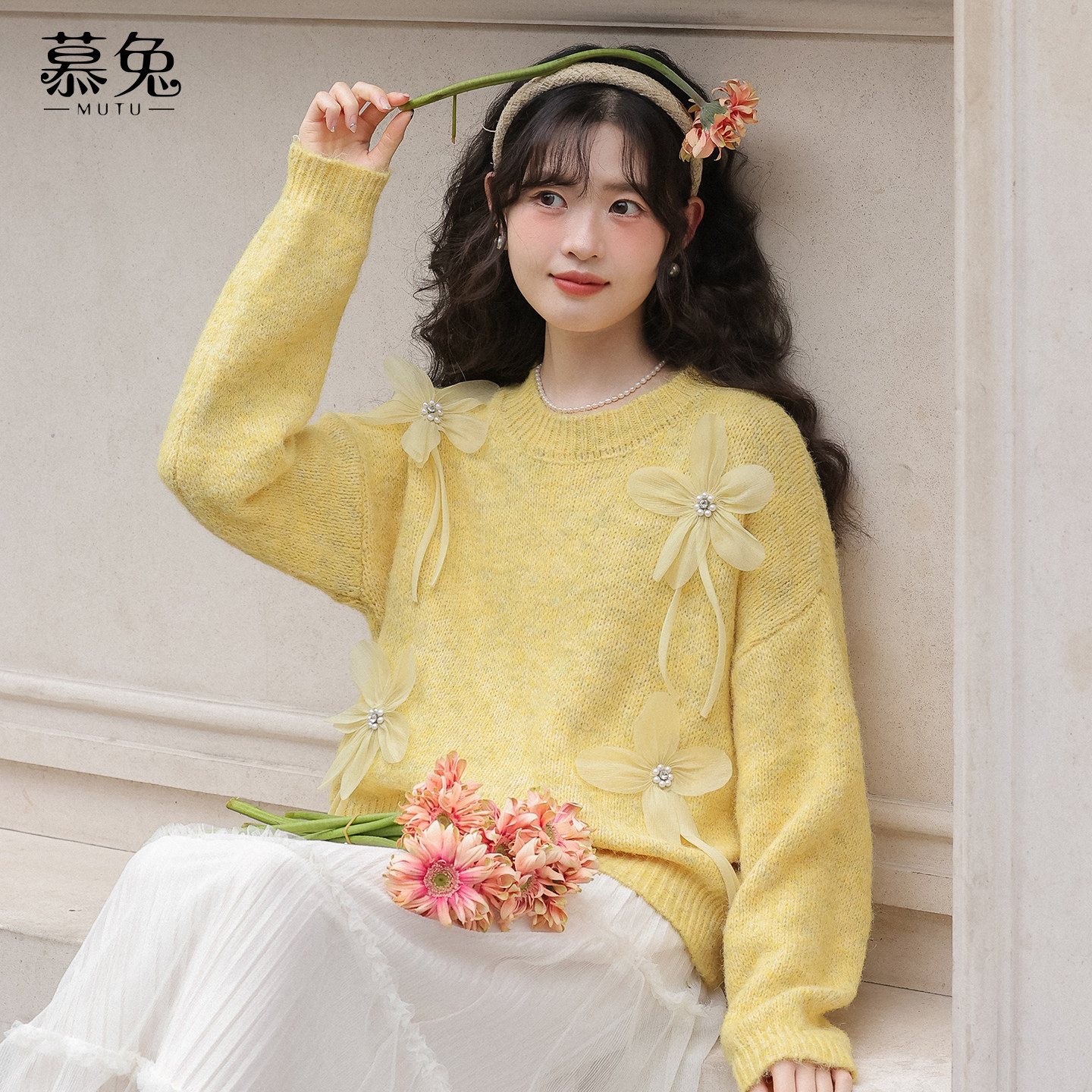 慕兔温柔风紫色圆领毛衣女2025冬季新款宽松软糯立体花朵针织上衣,女装/女士精品,毛衣,淘宝优惠券,粉丝福利购,淘宝优惠卷