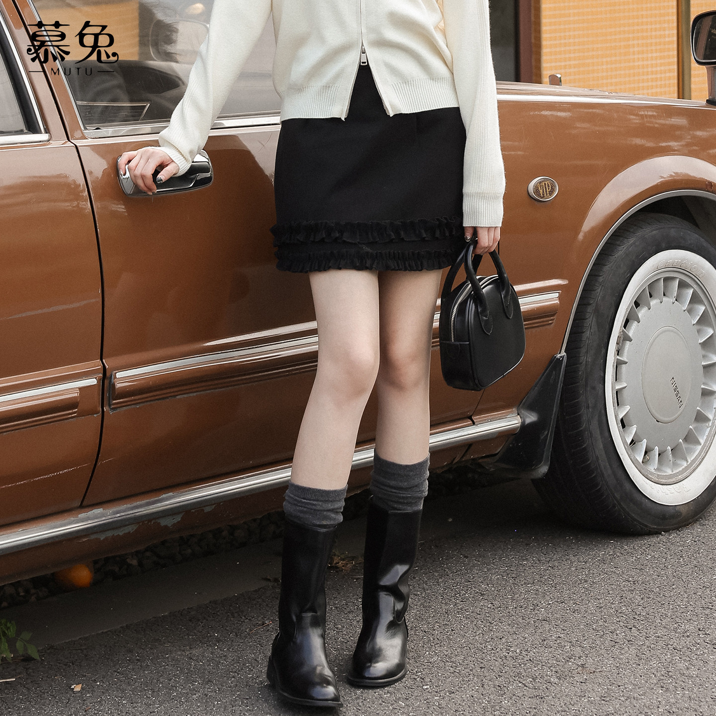 慕兔法式木耳边包臀短裙女2026春季新款设计感小众高腰a字半身裙,女装/女士精品,半身裙,淘宝优惠券,粉丝福利购,淘宝优惠卷