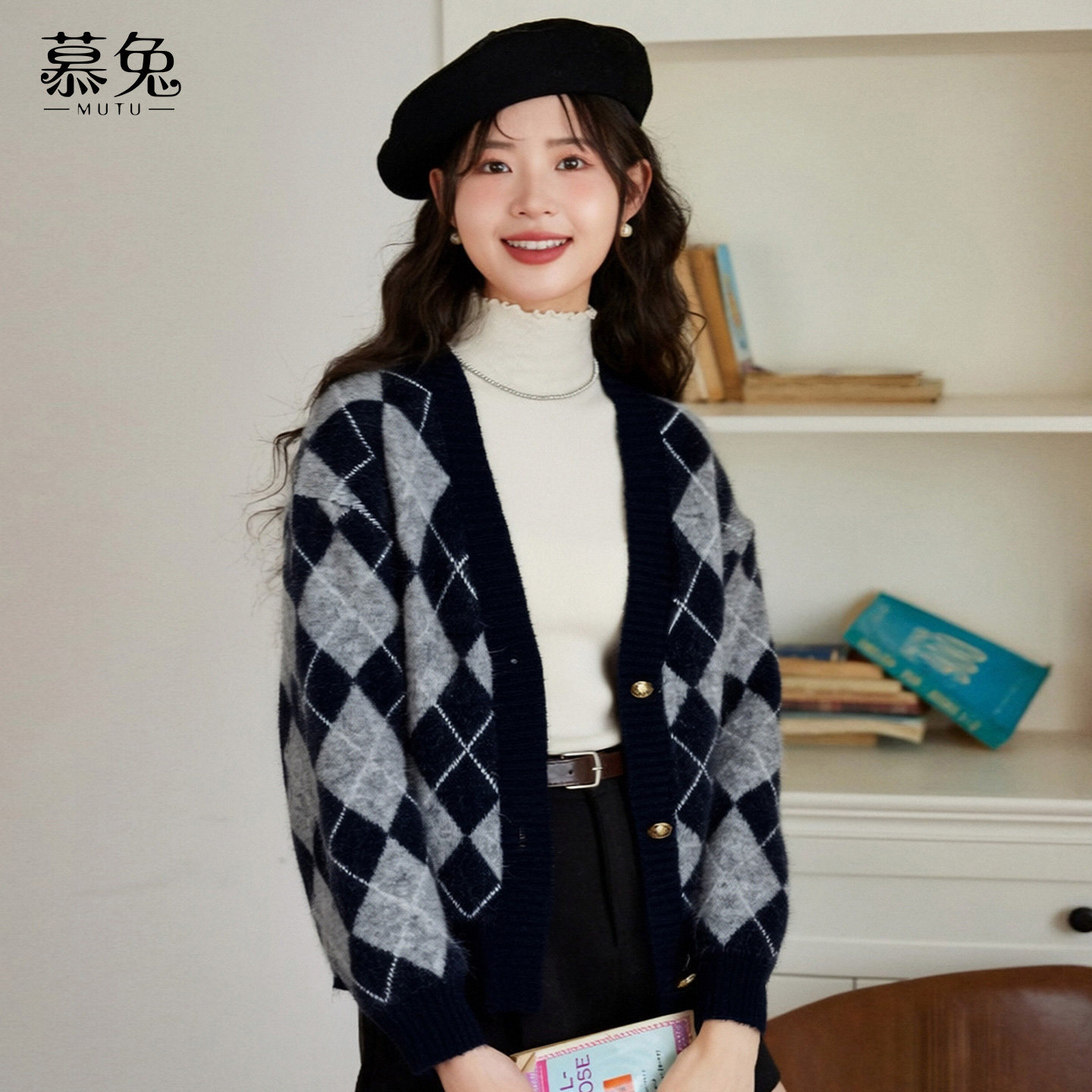 慕兔韩系慵懒菱格毛衣外套女2025冬季新款小个子宽松针织开衫上衣,女装/女士精品,毛衣,淘宝优惠券,粉丝福利购,淘宝优惠卷
