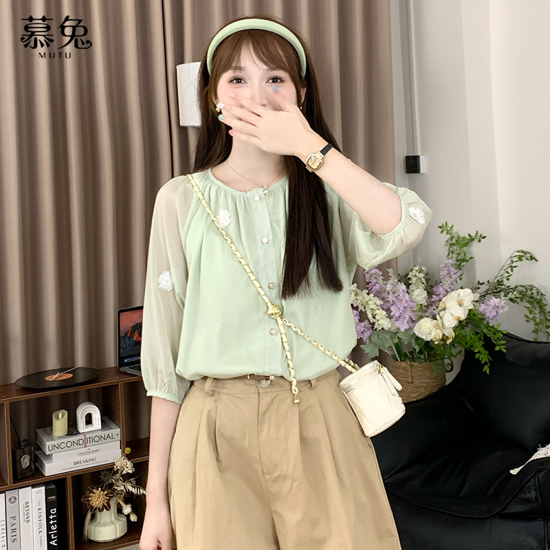 慕兔法式温柔风五分袖衬衫
